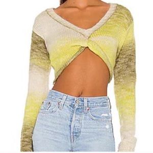 NWT For Love & Lemons Celeste Twist Front Crop Sweater in Green Ombre | REVOLVE
